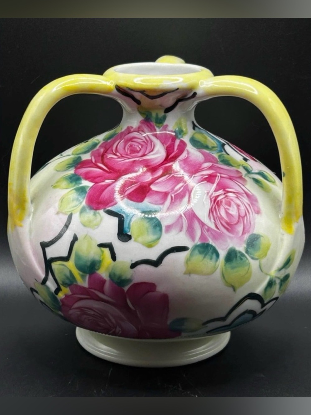 Vintage Trademarked Hand Painted Floral Ceramic Three Handled Vase, Cottagecore